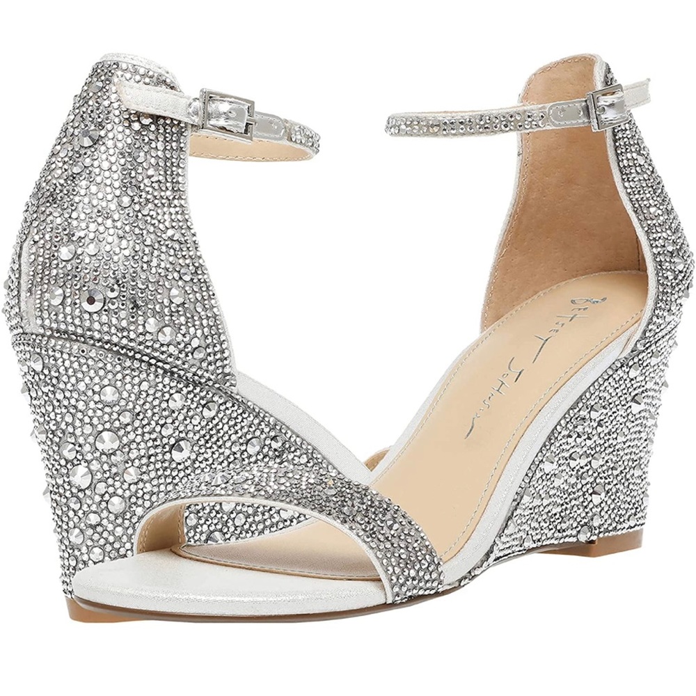 New Betsey Johnson Silver Rhinestone Debie Wedge Heel Shoes Size 8.5